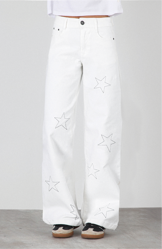 Pantalón Estrellas Bordadas White