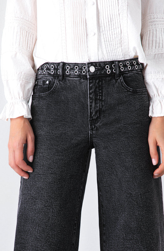 Pantalón Wide Leg Pretina Ojal Black