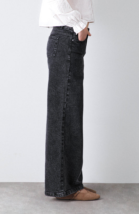 Pantalón Wide Leg Pretina Ojal Black