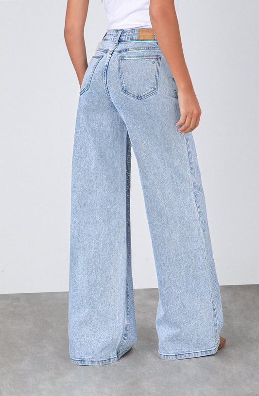 Pantalón Wide Leg Strass Light Blue