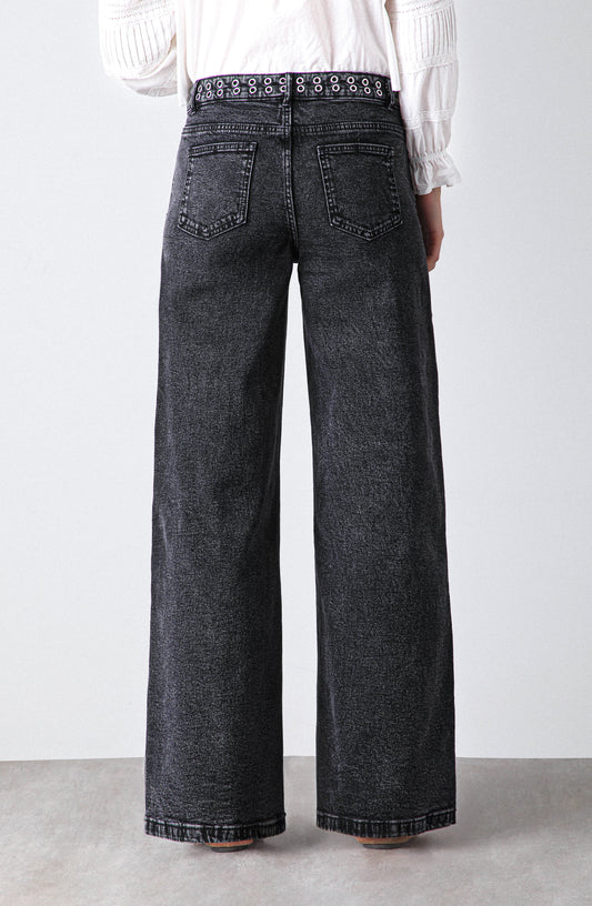 Pantalón Wide Leg Pretina Ojal Black