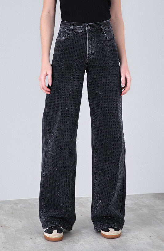 Pantalón Wide Leg Strass Black