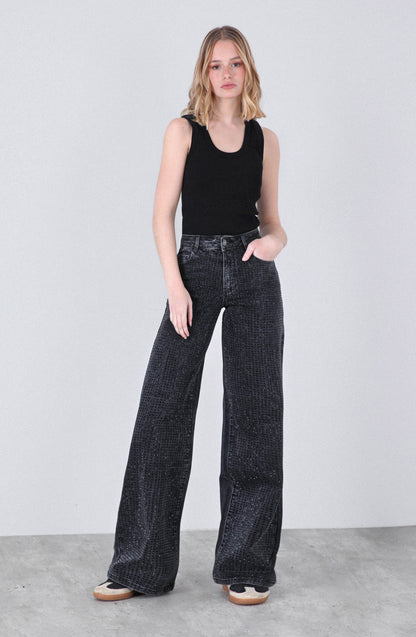 Pantalón Wide Leg Strass Black