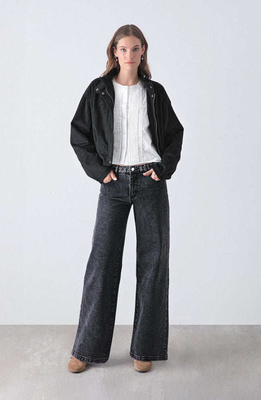 Pantalón Wide Leg Pretina Ojal Black