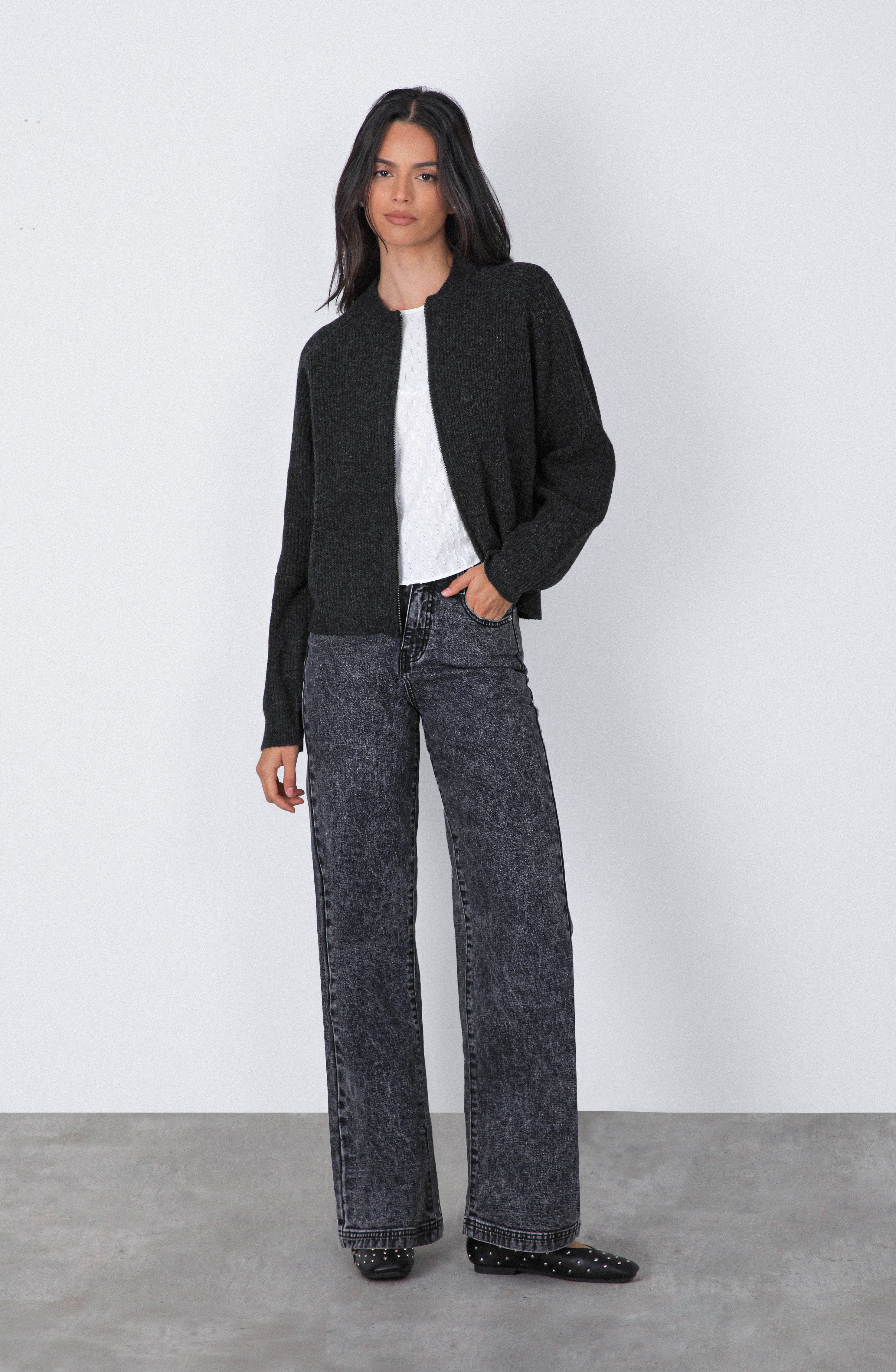 DimMoire Exposed Spine ニットブルゾン【Black】 Cardigan Zipper Grey Melange – Raindoor