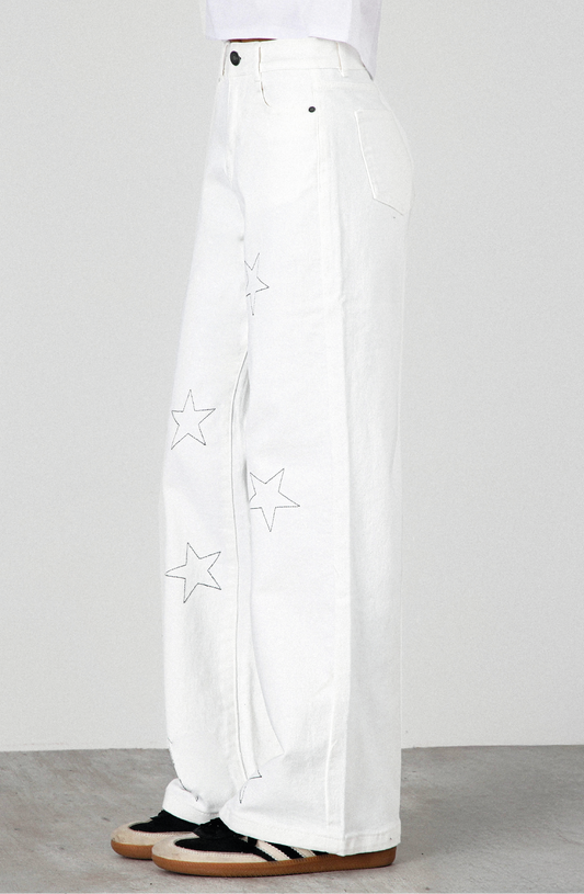 Pantalón Estrellas Bordadas White