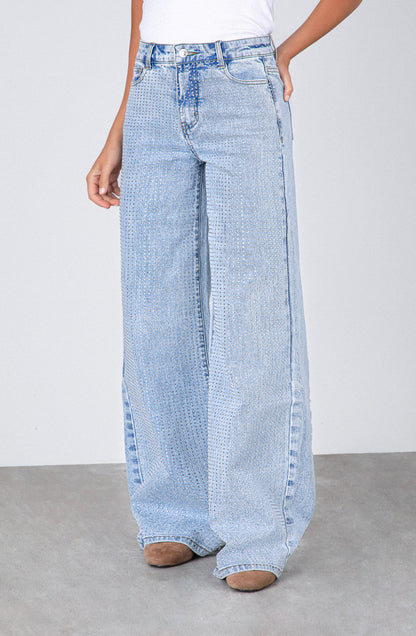 Pantalón Wide Leg Strass Light Blue