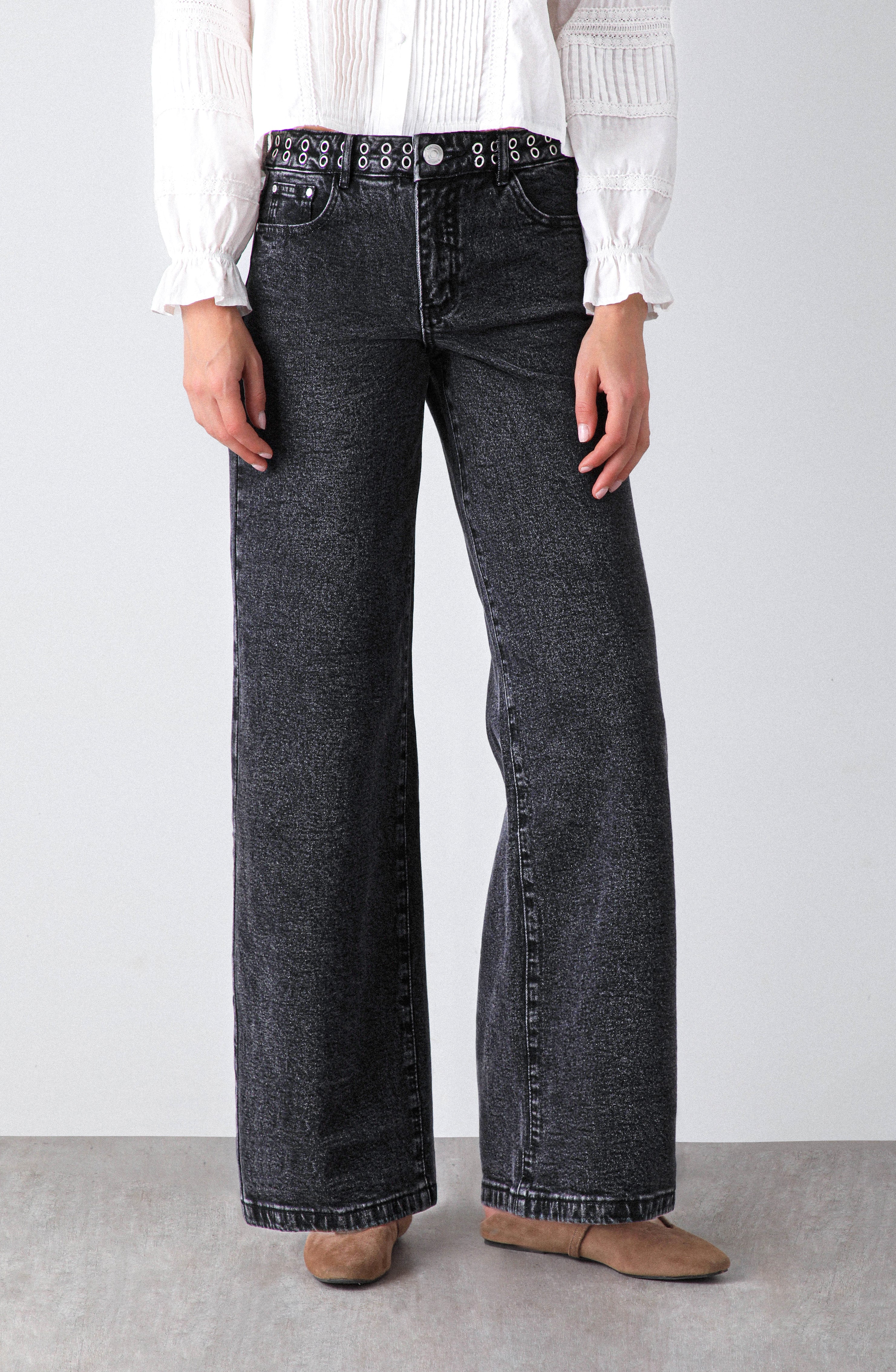 Pantalón Wide Leg Pretina Ojal Black – Raindoor