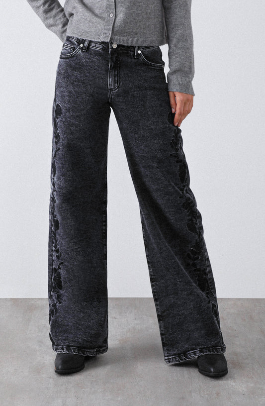 Pantalón Bordado Floral Grey