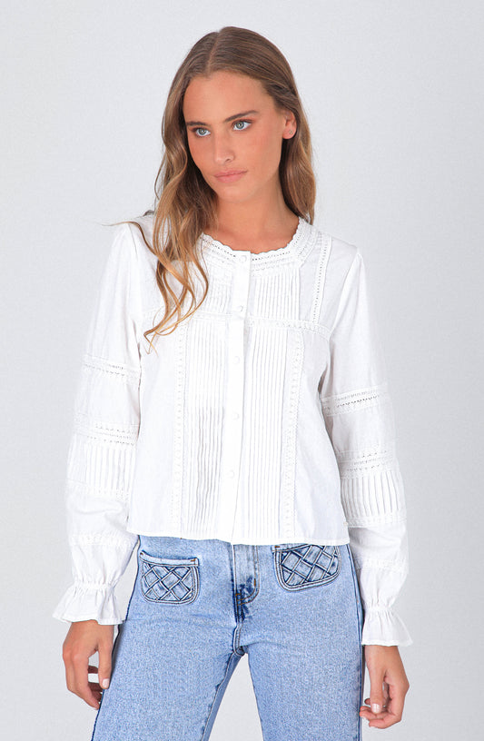 Blusa Pliegues Botón White