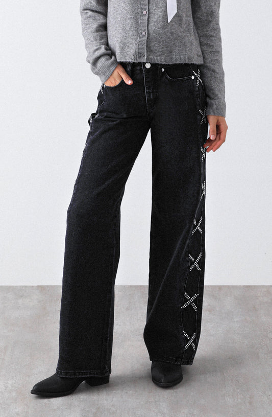 Pantalón Franja Lateral Tachas Black