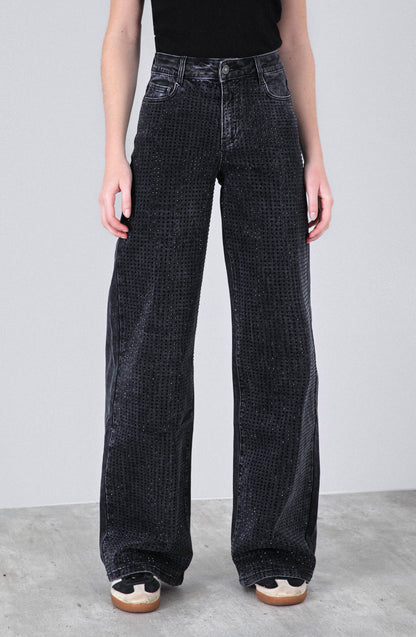Pantalón Wide Leg Strass Black